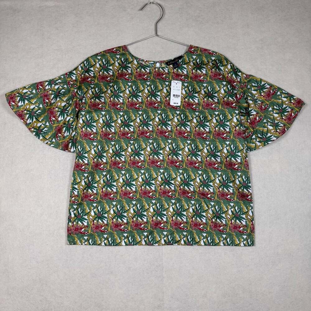 Brooks Brothers Blouse Womens Size 4 Green Floral Cotton Flutter Sleeve